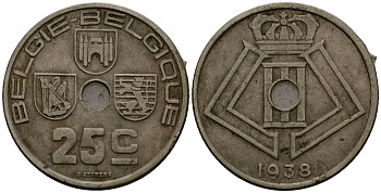 Бельгия 25 сантимов 1938 Belgie - Belgique KM 115 никель латунь 4512-1113