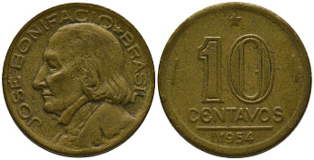 Бразилия 10 сентаво 1954 Жозе Бонифасиу де Андрада и Силва KM 561, Schon 66 алюминиевая бронза 4567-922