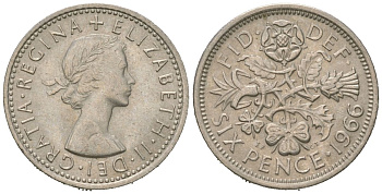 Великобритания 6 пенсов 1966 Елизавета II (1952-2022) KM 903, Spink 4149 медно-никель UNC 179-1032