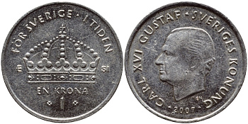 Швеция 1 крона 2007 Карл XVI Густав (1973- ) KM 894 медно-никель 176-931