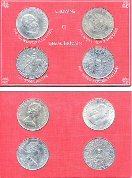 Великобритания набор из 4 монет 1965-1980 в пластике, 1 крона 1965 Черчилль KM 910, 25 пенсов 1972 серебнная свадьба КМ 917, 25 пенсов 1977 25 лет правления КМ 920, 25 пенсов 1980 80 лет королева матери КМ 921 медно-никель UNC 5-2-6