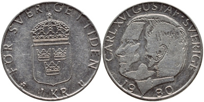 Швеция 1 крона 1980 Карл XVI Густав (1973- ) KM 852 медь плакированная медно-никелем 4397-942
