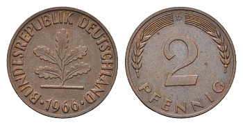 ФРГ 2 пфеннига 1960 D KM 106, J. 381 бронза 4684-239
