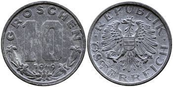 АВСТРИЯ 10 ГРОШЕЙ 1949 KM 2874 цинк 4388-1237