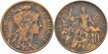 ФРАНЦИЯ 10 САНТИМОВ 1904 ТИП ДАНИЭЛЬ ДЮПЮИ KM 843, LA FRANC 136.14 бронза 109-214
