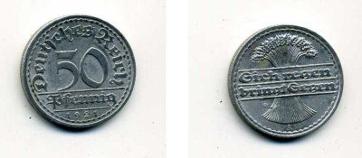 ГЕРМАНИЯ 50 ПФЕННИГОВ 1921 A KM 27, J. 301 алюминий 35-1236