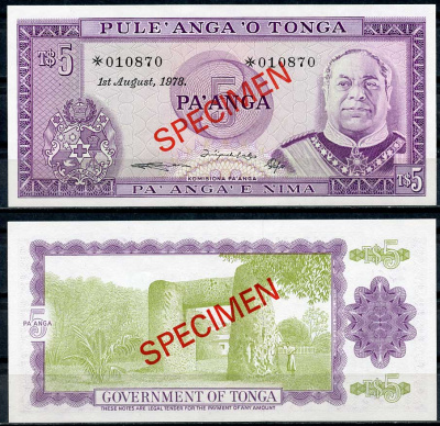 Тонга 1, 2, 5 и 10 паанга 1978 образец, Specimen, № 010870 Pick 19 s, 20 s, 21 s, 22 s  бумага  UNC (пресс) 451-4-2
