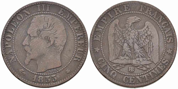 Франция 5 сантимов 1855 BB, Наполеон III (1852-1870) KM 777.3, LE FRANC 116.21 бронза 108-342