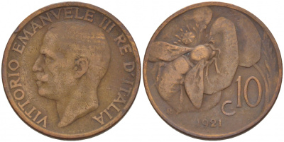 ИТАЛИЯ 10 ЧЕНТЕЗИМО 1921 R, МОНДВОР РИМ, ВИКТОР ЭММАНУИЛ III (1900-1946) KM 60 медь 4544-957