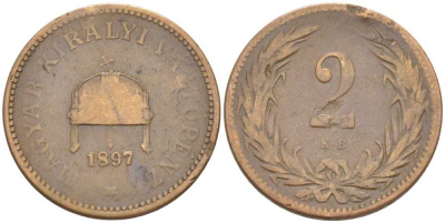 Венгрия 2 филлера 1897 KB, Франц Иосиф I (1848-1916) KM 481 бронза 201-223
