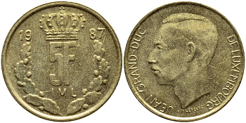 ЛЮКСЕМБУРГ 5 ФРАНКОВ 1987 БОЛЬШАЯ КОРОНА KM 60.2 латунь 4397-515