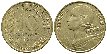 ФРАНЦИЯ 10 САНТИМОВ 1980 ТИП MARIANNE КМ 929, LE FRANC 144.20 алюминиевая бронза 93-1322