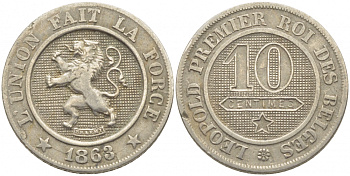 БЕЛЬГИЯ 10 САНТИМОВ 1863 BELGES KM 22 медно-никель 3856-421