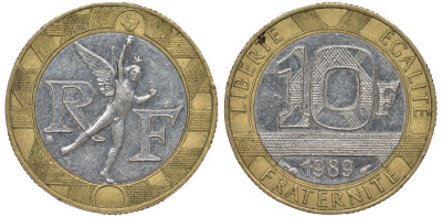Франция 10 франков 1989 тип гений Бастилии KM 964.1, Le Franc 375.3 биметалл 45-621