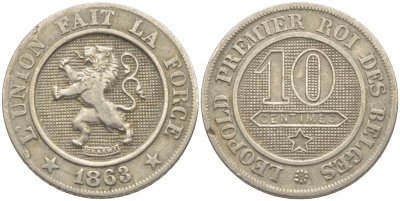 БЕЛЬГИЯ 10 САНТИМОВ 1863 BELGES KM 22 медно-никель 3856-421