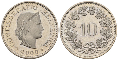 Швейцария 10 раппенов 2000 B HMZ 2.1210, Divo/Tob19.314, KM 27, Schoen 25, Y 24 медно-никель UNC 4516-256