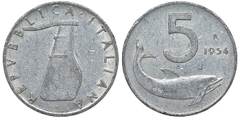 Италия 5 лир 1954 R, плуг, дельфин KM 92 алюминий 4122-112
