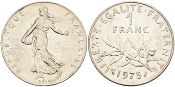 Франция 1 франк 1975 сеятель, тип Semeuse KM 925, Le Franc 226.20 никель 4592-1117