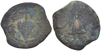 Иудея, династия Ирода прута 4 г. до н.э.-6 год Ирод Архелай, виноградная гроздь / шлем, Иерусалим Hendin 1196 медь 1073-21-84