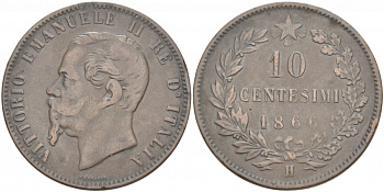 ИТАЛИЯ 10 ЧЕНТЕЗИМО 1866 H, ВИКТОР ЭММАНУИЛ II (1861-1878) KM 11.3 медь 51-4245