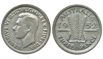 Австралия 3 пенса 1952 m, Георг VI (1937-1952), без букв KM 44 серебро 71-411