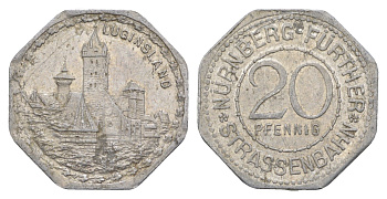 Нюрнберг трамвайный (транспортный) жетон в 20 пфеннигов ND (1920-1921) Лугинсланд Men05 19256.21, Men18 24102.21 алюминий 4638-345