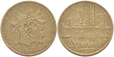 Франция 10 франков 1978 тип Матье KM 940, Le Franc 365.11-12 никель латунь 215-745