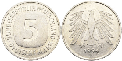 ФРГ 5 марок 1994 F KM 140.1, J.415 медно-никель 4139-131