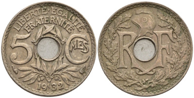 Франция 5 сантимов 1932 KM 875 медно-никель 4596-621