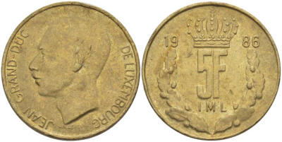 Люксембург 5 франков 1986 Великий герцог Жан (1964-1999) KM 60.1 латунь 4402-243