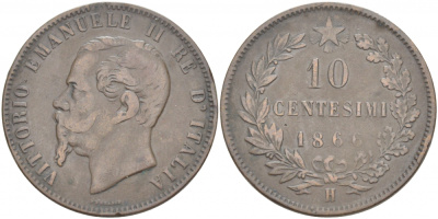 ИТАЛИЯ 10 ЧЕНТЕЗИМО 1866 H, ВИКТОР ЭММАНУИЛ II (1861-1878) KM 11.3 медь 51-4245