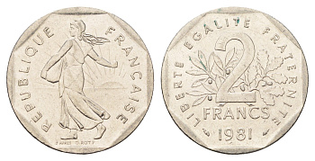 Франция 2 франка 1981 сеятель KM 942.1 никель UNC 4606-246