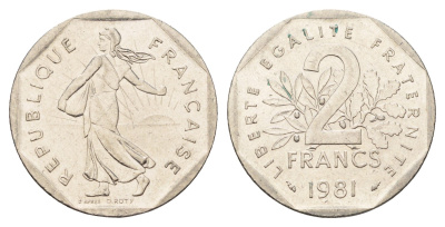 Франция 2 франка 1981 сеятель KM 942.1 никель UNC 4606-246