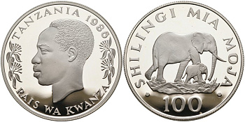 Танзания 100 шиллингов 1986 серия 25 лет окружающей среды, слоны, тираж 25000 экз. ​KM 18а серебро PROOF 01-170-25