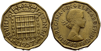 Великобритания 3 пенса 1957 Елизавета II (1952-2022) KM 900, Spink 4153 никель латунь 37-1251