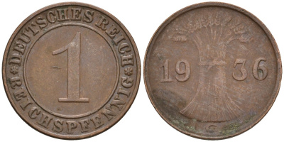 Германия 1 рейхспфенниг 1936 G KM 37, J. 313 бронза 4516-1216