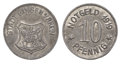 Бинген-на-Рейне 10 пфеннигов 1919 Funck 41.3, Men05 2839.1, Men18 3635.1 железо 4643-1031