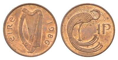 Ирландия 1 пенни 1986 мифологическая птица лира KM 20 бронза UNC 4696-417