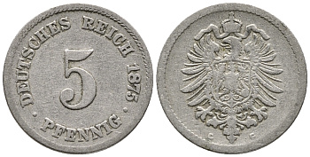 ГЕРМАНИЯ 5 ПФЕННИГОВ 1875 G, СТАРОГЕРБОВКА KM 3, J. 3 медно-никель 39-331