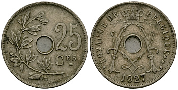 Бельгия 25 сантимов 1927 Belgique KM 68 медно-никель 4165-524