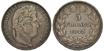 Франция 5 франков 1843 B, Луи Филипп I (1830-1848) KM 749.2 серебро 413-3335