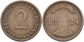 Германия 2 рентенпфеннига 1924 E, Веймарская республика KM 31 бронза 3955-1158