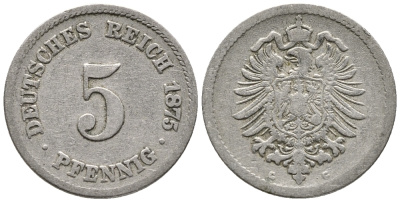 ГЕРМАНИЯ 5 ПФЕННИГОВ 1875 G, СТАРОГЕРБОВКА KM 3, J. 3 медно-никель 39-331