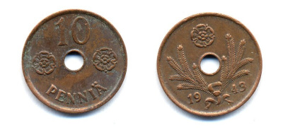 ФИНЛЯНДИЯ 10 ПЕННИ 1943 KM 33.1 медь 51-5032