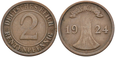 Германия 2 рентенпфеннига 1924 E, Веймарская республика KM 31 бронза 3955-1158