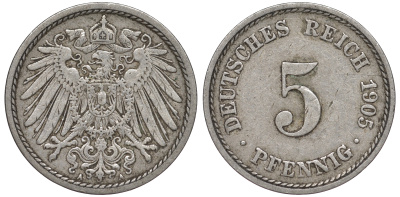ГЕРМАНИЯ 5 ПФЕННИГОВ 1905 A, KM 11, J.12 медно-никель 45-1123