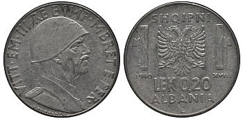 Албания 0,20 лека 1940 R, Итальянская оккупация KM 29 нержавеющая сталь UNC 441-221