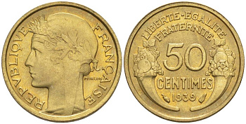 ФРАНЦИЯ 50 САНТИМОВ 1939 ТИП MORLON KM 894.1, LE FRANC 192.15 алюминиевая бронза 44-768