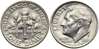 США 10 ЦЕНТОВ = 1 ДАЙМ 1989 P, РУЗВЕЛЬТ KM 195а медь плакированная медно-никелем 46-2416