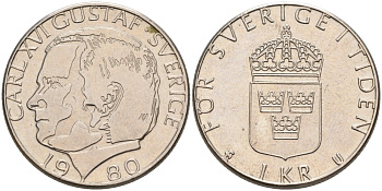 Швеция 1 крона 1980 U, Карл XVI Густав (1973- ) KM 852 медь плакированная медно-никелем 4571-621